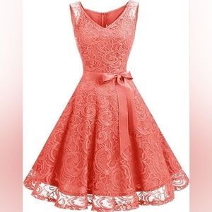 Dressystar Women Floral Lace Short Party Dress - size 2XL, Coral